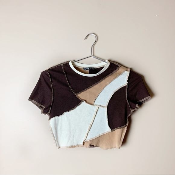 [Shein] Brown Patchwork Cropped Short Sleeve Top - Picture 1 of 7